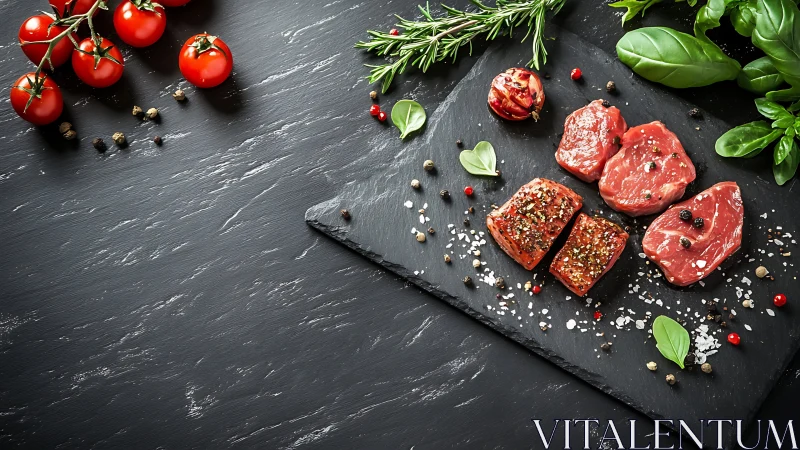 Slate board symphony of raw steak, herbs and ruby tomatoes.