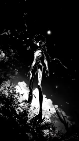 Stark monochrome warrior silhouetted against fractured sky.