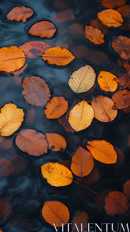Amber leaves drift like lanterns over inky autumn water