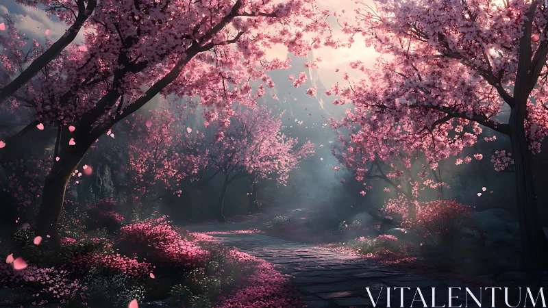 Stone path extends through dense pink-blossomed tree corridor