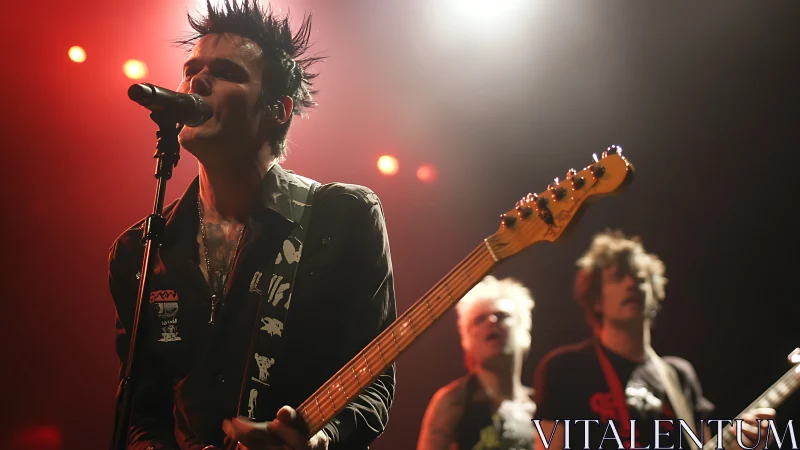 Rock vocalist performing live with guitar on stage.