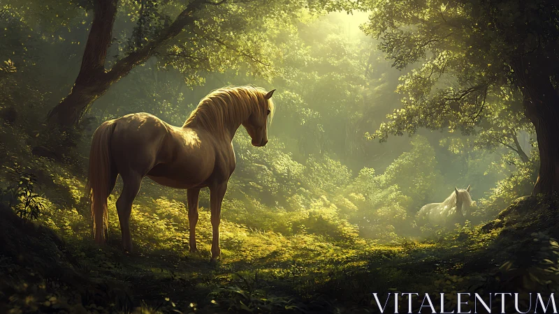 Sunlit forest horses under luminous golden canopy.