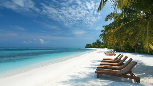 Tropical Paradise Awaits: Powder Sand Oasis with Loungers and Palm Shade.