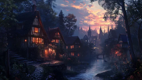 Enchanting riverside village glows beneath a storybook dusk
