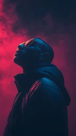 Neon side-lit male profile in colored atmospheric haze