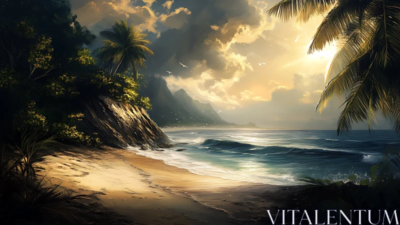 Tropical Beach at Sunset with Mountain and Palm Trees.