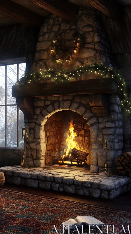 Firelit stone hearth cradling winter stories and quiet warmth.
