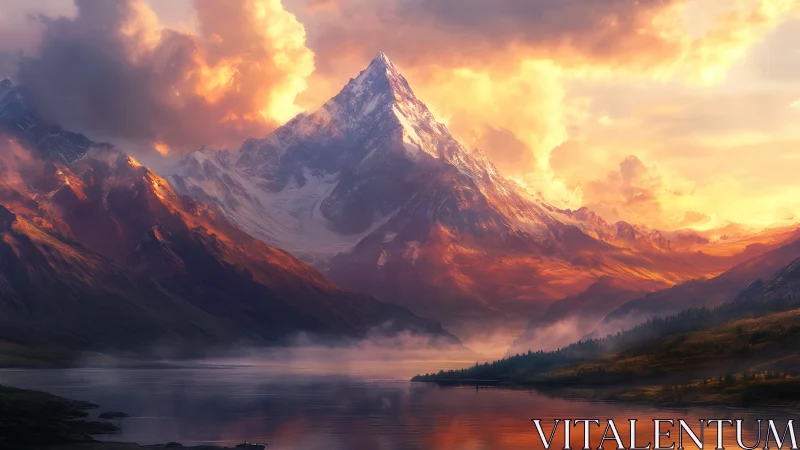 Mountain peak dominates sunset-lit valley and reflective lake