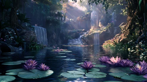 Enchanted lily pond beneath cascading forest waterfalls.