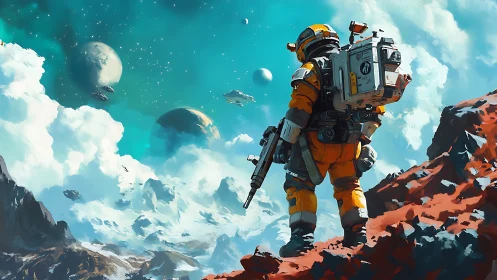 Explorer pausing on a red ridge to greet distant worlds.