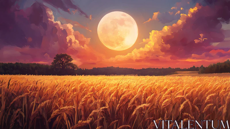 Harvest moon ignites a golden wheat sea at twilight.