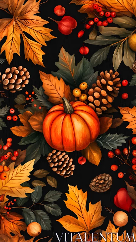 Autumn botanical arrangement with pumpkin and pinecones.