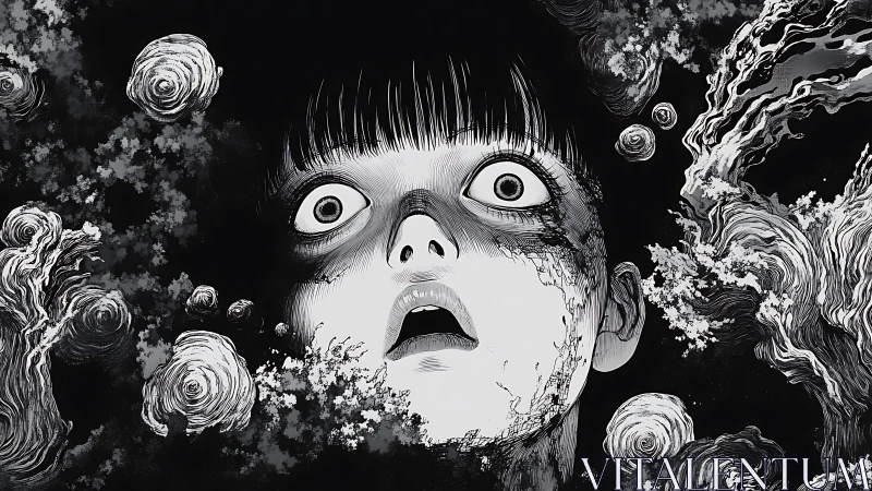 Wide-eyed wanderer caught in a swirling monochrome nightmare.