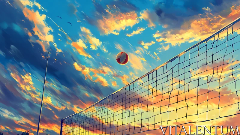 Volleyball suspended above net under vivid sunset sky.