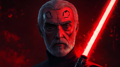Sith warrior portrait with red lightsaber and dark aura.