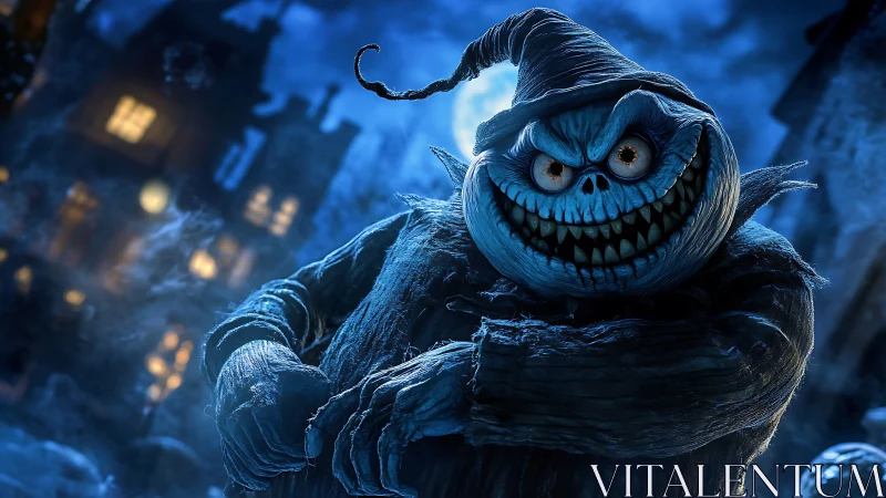 Sinister blue scarecrow grinning in a moonlit street.
