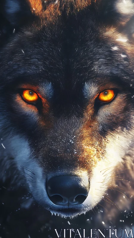 Wolf close-up with glowing amber eyes in snowstorm.