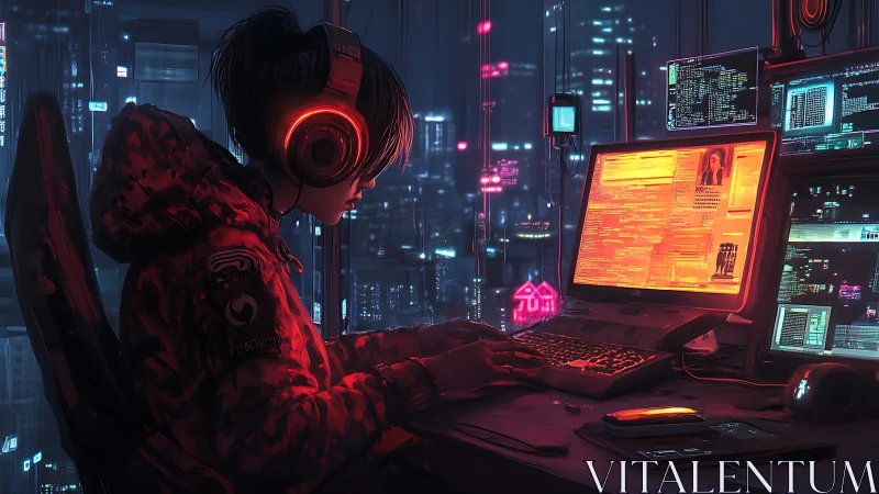Neon-lit cyberpunk coder immersed in high-tech nightscape.