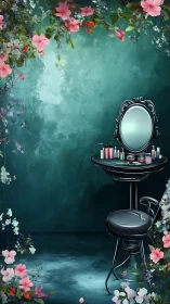 Floral vanity tableau with teal backdrop and cosmetic set.