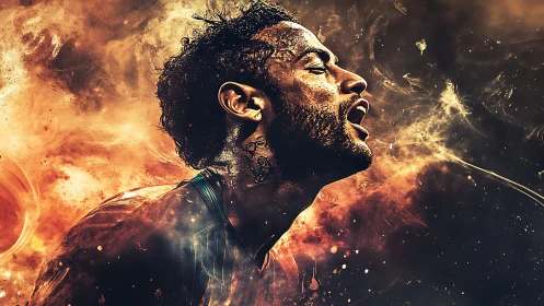 Male footballer profile is rendered within dynamic light field