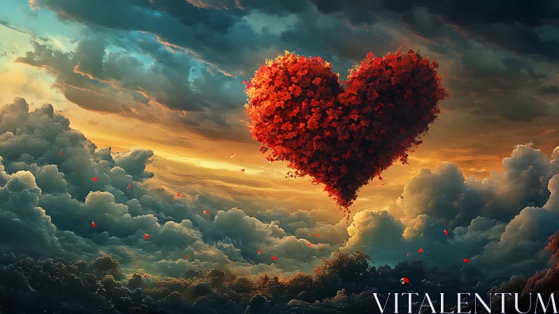 Red Heart Floating Through Clouds at Sunset