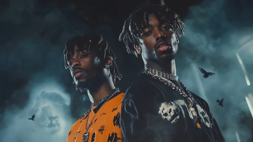 Cinematic dual portrait in atmospheric low key lighting design.