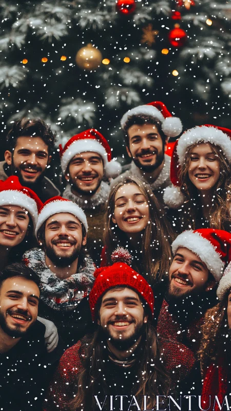 Snowlit Santa hat chorus around a glowing Christmas tree.