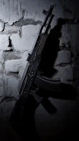 Shadow-slick rifle leans like cold metal graffiti on stone