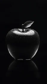 Monochrome apple with water droplets is isolated in darkness
