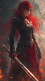 Ember-haired warrior queen stands amid drifting battle embers.