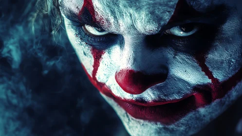 Painted menace leans from the shadows with icy carnival glare