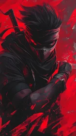 Masked cyber ninja in dynamic red kinetic splatter field.
