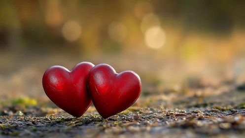 Twin Crimson Hearts on Weathered Stone Surface with Bokeh Backdrop