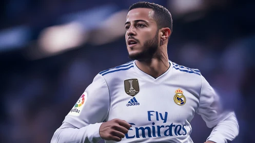 Detailed close-up of soccer player in Real Madrid kit during match