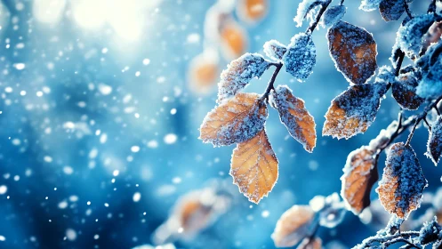 Frosted autumn leaves glowing against soft winter bokeh.