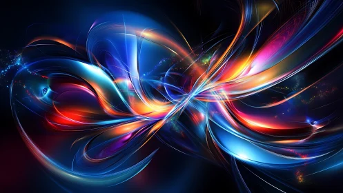 Vibrant abstract light ribbons on dark digital background.