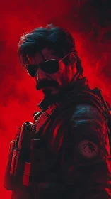 Crimson-scorched rogue sentinel staring through the smoke.