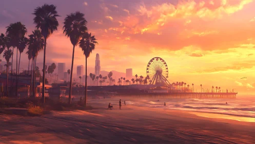 Sunset over coastal pier with ferris wheel and skyline.