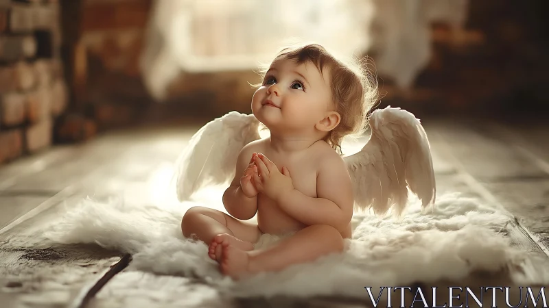 Baby angel with white wings sitting on soft fluffy floor.