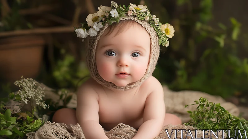 Infant with floral headpiece in garden setting.