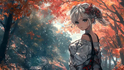 Melancholic girl walks a glowing autumn forest path