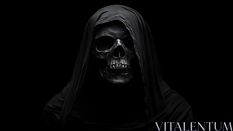High-contrast hooded skull portrait rendered in deep chiaroscuro