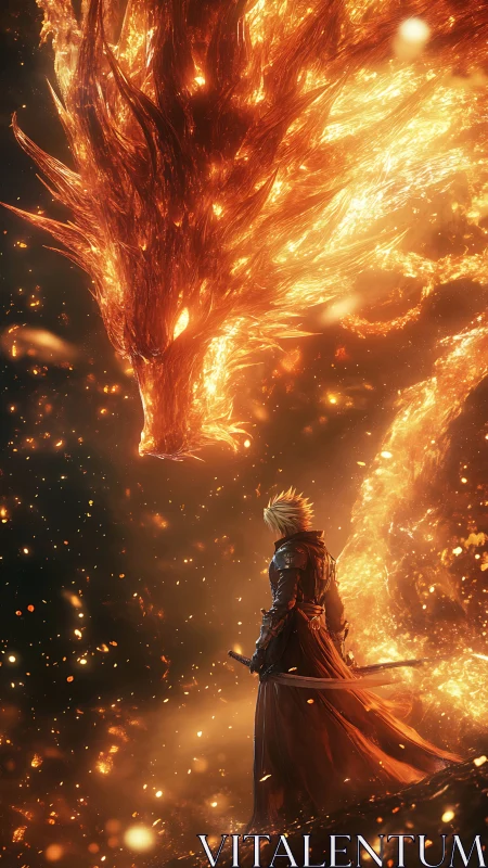 Warrior confronts towering fiery dragon in molten darkness