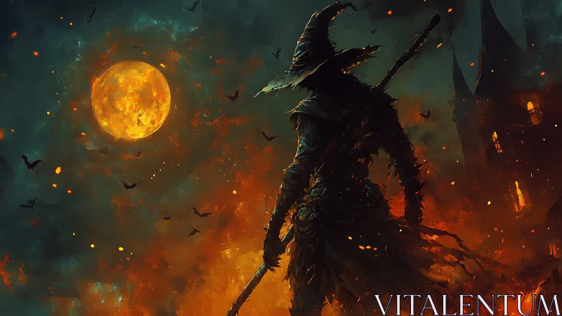Pyroclastic warlock silhouette against infernal lunar horizon.