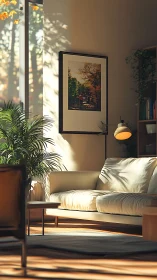 Sunlit living room corner with cozy sofa and gentle greenery.