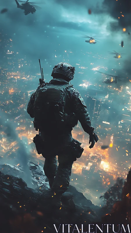 Lone tactical soldier overlooking burning futuristic cityscape.