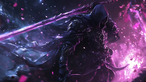 Hooded void knight swings glowing violet greatsword through void
