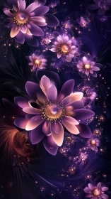 Starlit violet blossoms glow softly in a swirling night sky
