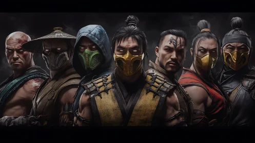 Seven masked warriors in dark, dramatic lineup portrait.