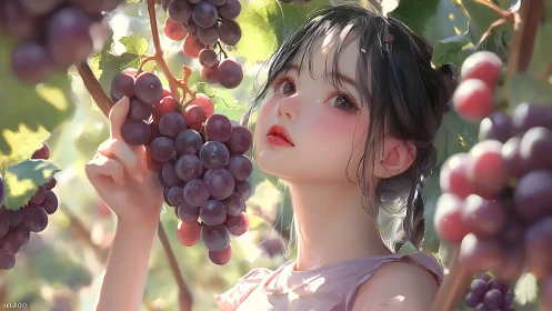 Digital painting portrait in luminous vineyard grape canopy.